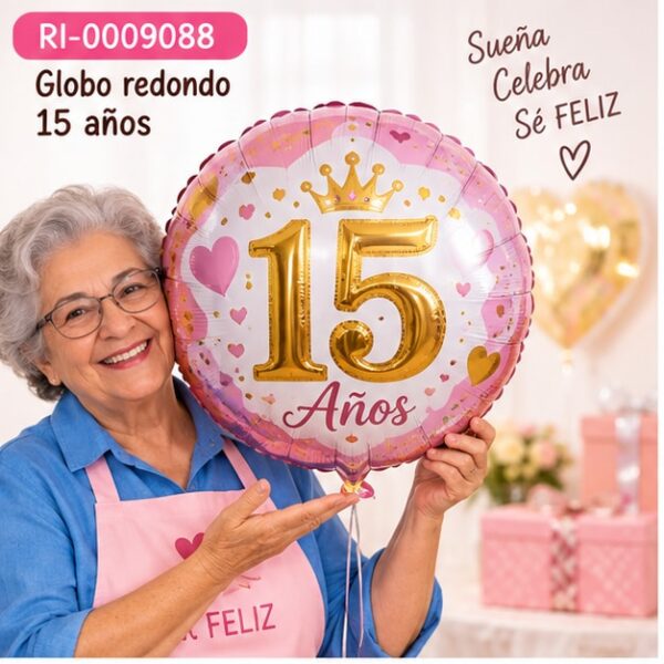 RI-0009088 Globo Metálico Redondo 15 Años de 18 Pulgadas Feliz