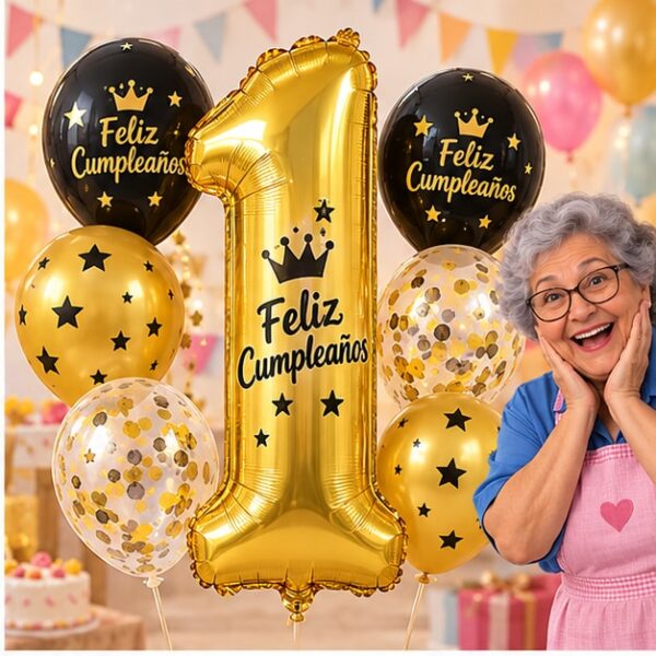 Set de 6 Globos Metálicos Número 1 Feliz Cumpleaños Feliz