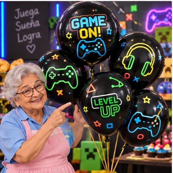 RI-0009144 Set de 5 Globos Negros Videojuego Feliz