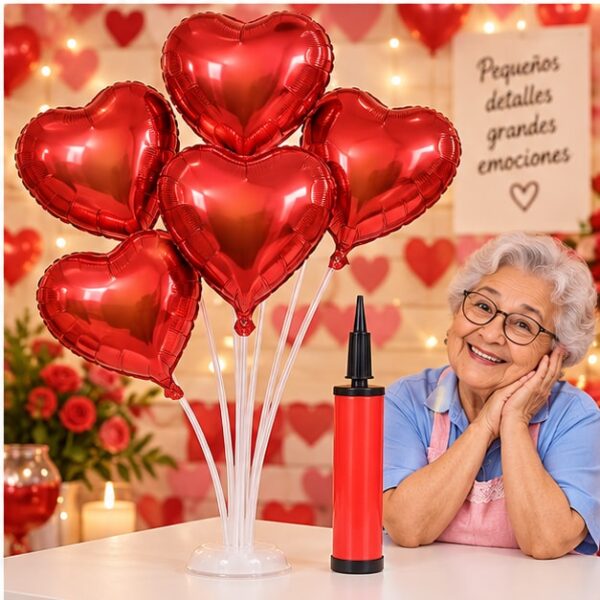 RI-0009145 Set de Globos Corazón con Soportes e Inflador Feliz