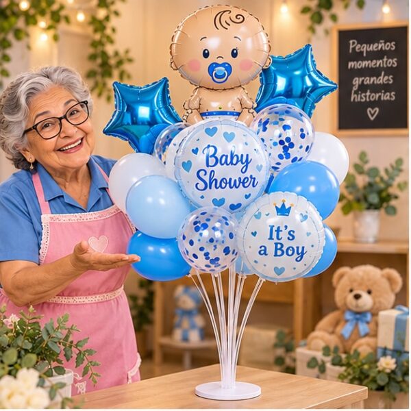RI-0009146 Set de 16 Globos Baby Shower Niño con Soporte Feliz
