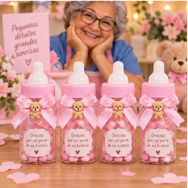 RI-0009148 Set de 4 Recuerdos Biberón Baby Shower Rosado de 4 x 9 cm Feliz