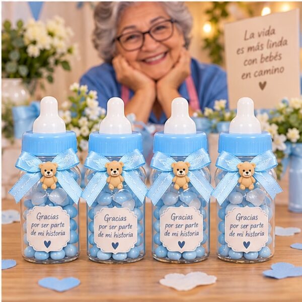 RI-0009149 Set de 4 Recuerdos Biberón Baby Shower Celeste de 4 x 9 cm Feliz