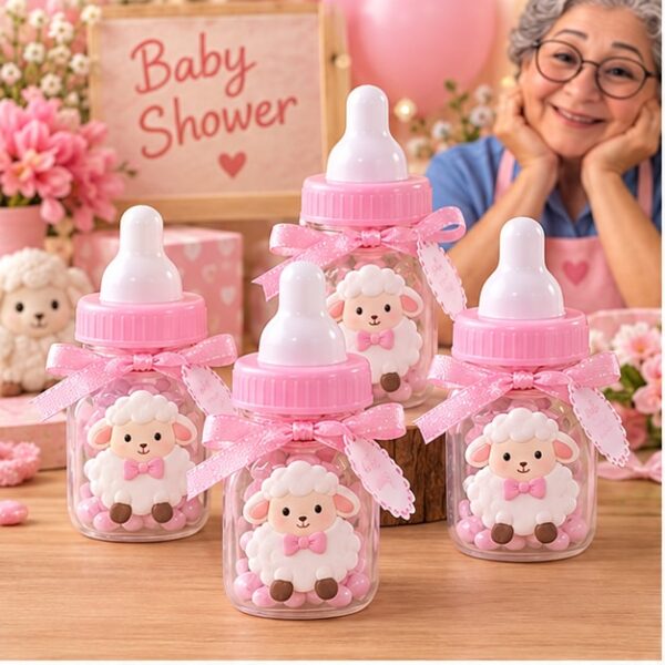 RI-0009150 Set de 4 Recuerdos Biberón Baby Shower Rosado Modelo Oveja Feliz