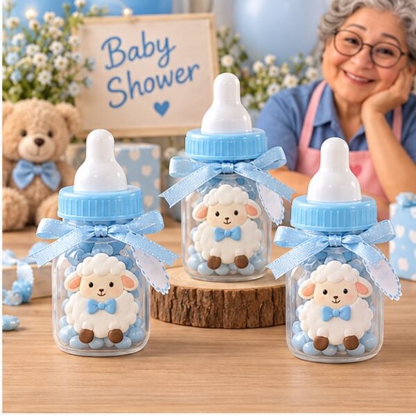 RI-0009151 Set de 4 Recuerdos Biberón Baby Shower Celeste Modelo Oveja Feliz