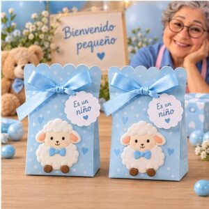 RI-0009153 Set de 2 Dulceros Baby Shower Celeste de 5,5 x 8,5 cm Feliz