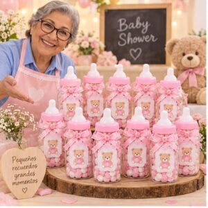 RI-0009158 Set de 15 Recuerdos Biberón Baby Shower Rosado de 14 x 34 cm Feliz
