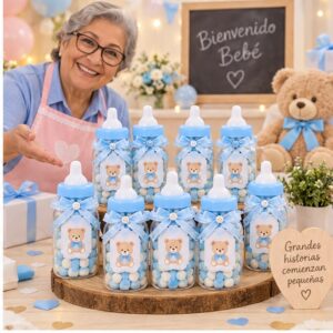 RI-0009159 Set de 15 Recuerdos Biberón Baby Shower Celeste de 14 x 34 cm Feliz