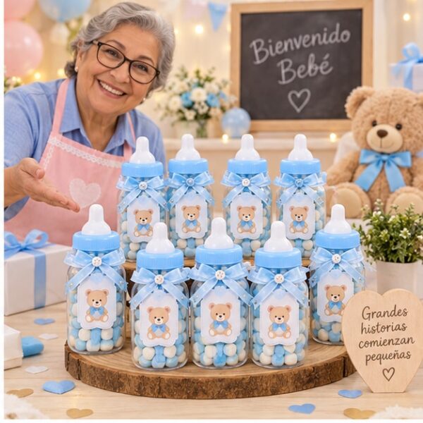 RI-0009159 Set de 15 Recuerdos Biberón Baby Shower Celeste de 14 x 34 cm Feliz
