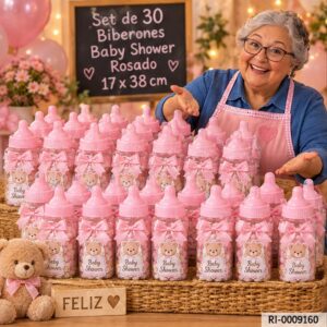 RI-0009160 Set de 30 Biberones Baby Shower Rosado de 17 x 38 cm Feliz