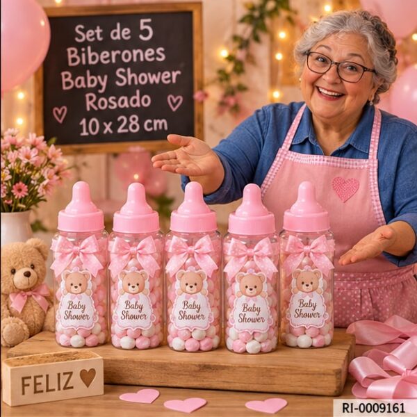 RI-0009161 Set de 5 Biberones Baby Shower Rosado de 10 x 28 cm Feliz