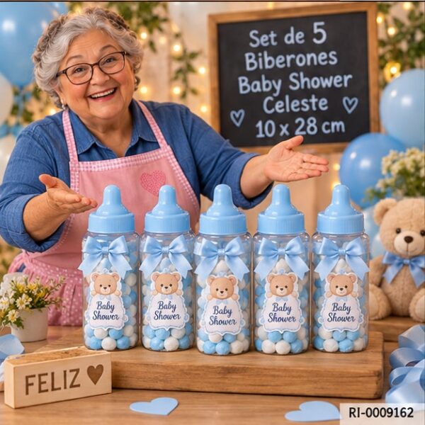 RI-0009162 Set de 5 Biberones Baby Shower Celeste de 10 x 28 cm Feliz