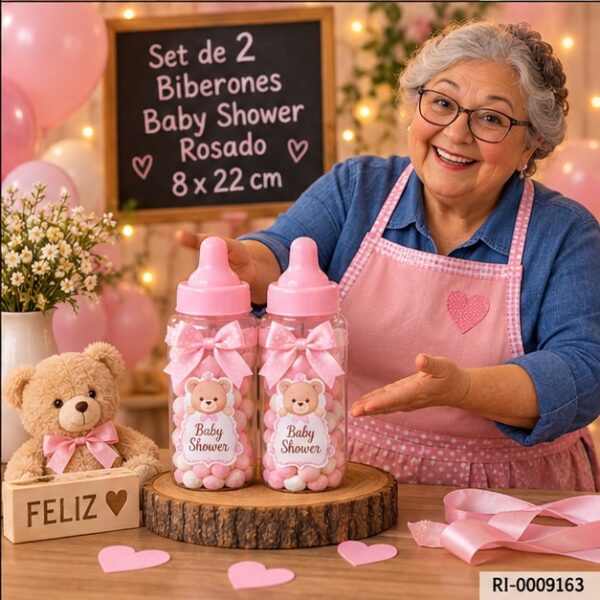 RI-0009163 Set de 2 Biberones Baby Shower Rosado de 8 x 22 cm Feliz