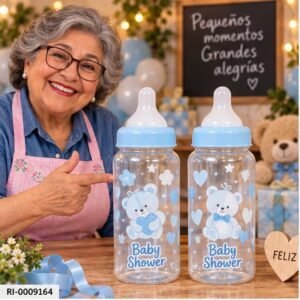 RI-0009164 Set de 2 Biberones Baby Shower Celeste de 8 x 22 cm Feliz