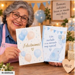 RI-0009166 Set de 2 Cartas de Felicitaciones Diseño Globos e Invitación Feliz
