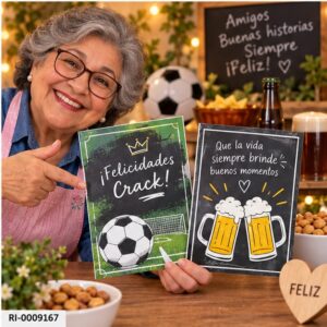 RI-0009167 Set de 2 Cartas de Felicitaciones Diseño Fútbol y Cerveza Feliz