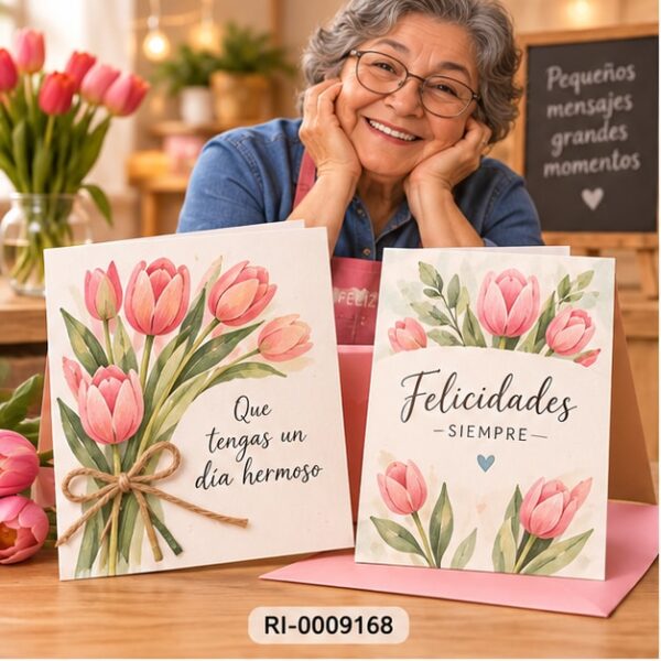 RI-0009168 Set de 2 Cartas de Felicitaciones Diseño Tulipanes Feliz