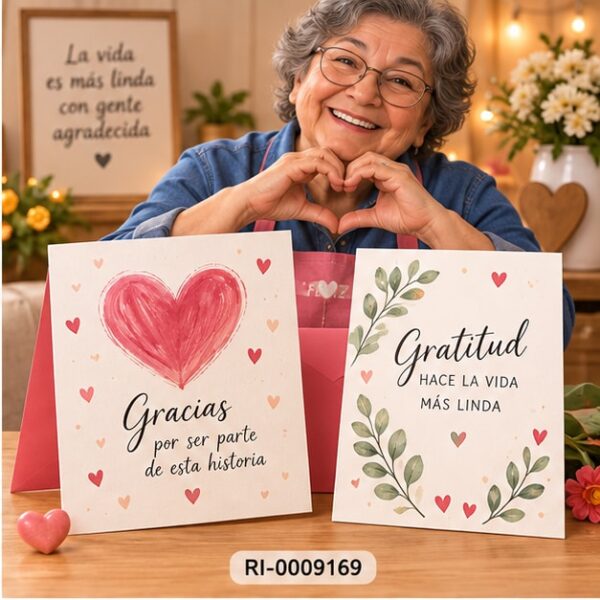 RI-0009169 Set de 2 Cartas de Felicitaciones Diseño Corazón y Gratitud Feliz