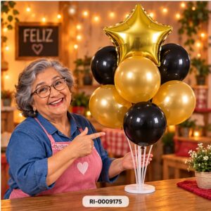 RI-0009175 Set de 7 Globos Dorados y Negros con Estrella Feliz