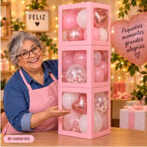 RI-0009185 Balloon Box Rosado de 30 x 30 cm de Tres Capas Feliz