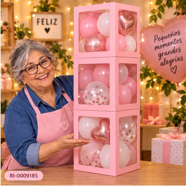 RI-0009185 Balloon Box Rosado de 30 x 30 cm de Tres Capas Feliz