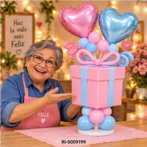 RI-0009199 Soporte para Globos Caja Regalo Rosado y Celeste de 66 cm Feliz