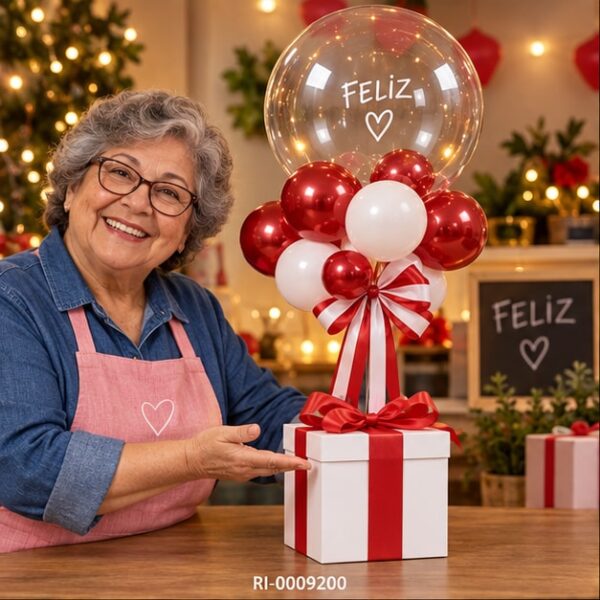 RI-0009200 Soporte para Globos Caja Regalo Blanco y Rojo de 66 cm Feliz