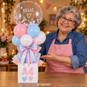 RI-0009201 Soporte para Globos A4 Blanco Rosado y Celeste de 60 cm Feliz