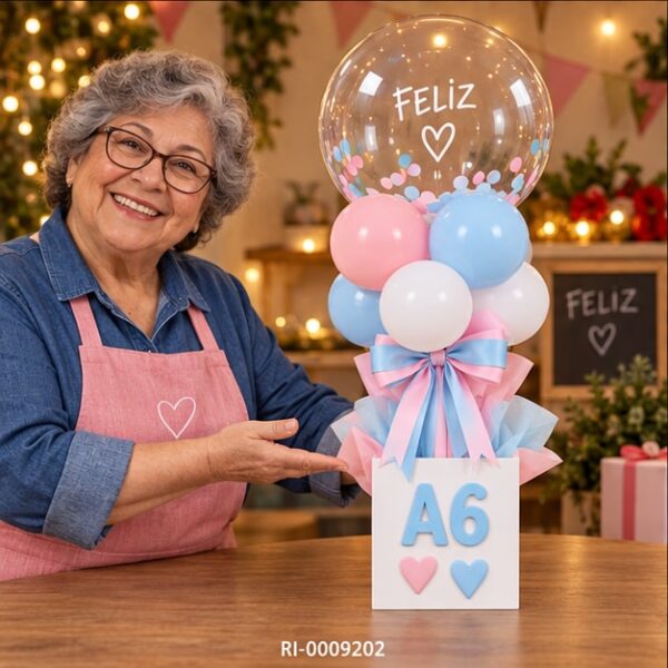 RI-0009202 Soporte para Globos A6 Blanco Rosado y Celeste de 58 cm Feliz