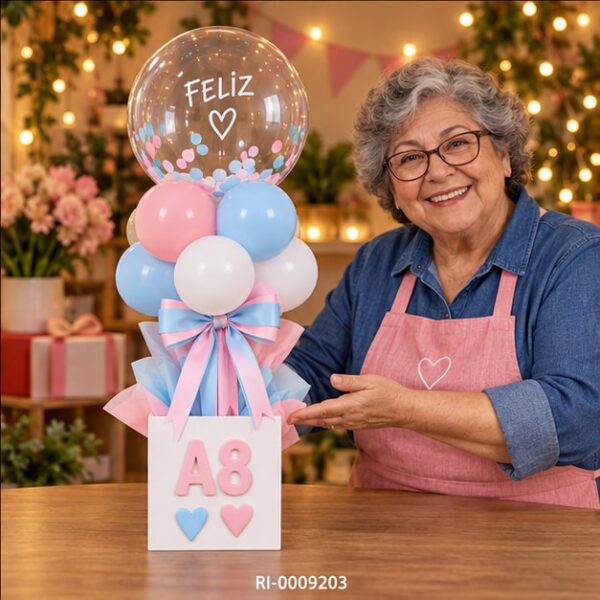 RI-0009203 Soporte para Globos A8 Blanco Rosado y Celeste de 58 cm Feliz