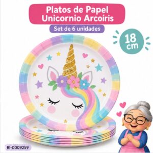 RI-0009259 Set de 6 Platos Unicornio de 18 cm Feliz