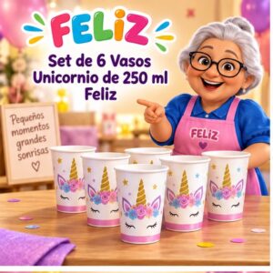 RI-0009260 Set de 6 Vasos Unicornio de 250 ml Feliz