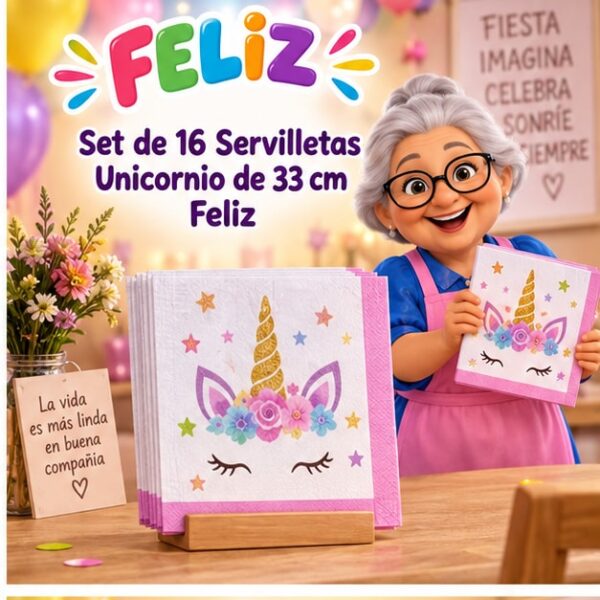 RI-0009261 Set de 16 Servilletas Unicornio de 33 cm Feliz