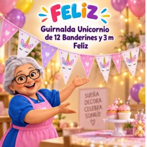 RI-0009262 Guirnalda Unicornio de 12 Banderines y 3 m Feliz