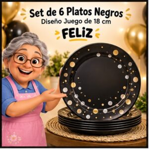 RI-0009264 Set de 6 Platos Negros Diseño Juego de 18 cm Feliz