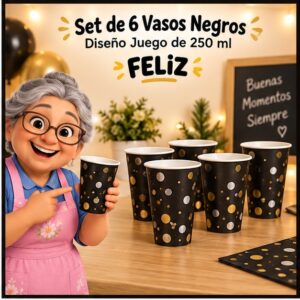 RI-0009265 Set de 6 Vasos Negros Diseño Juego de 250 ml Feliz