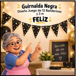 RI-0009266 Guirnalda Negra Diseño Juego de 12 Banderines y 3 m Feliz