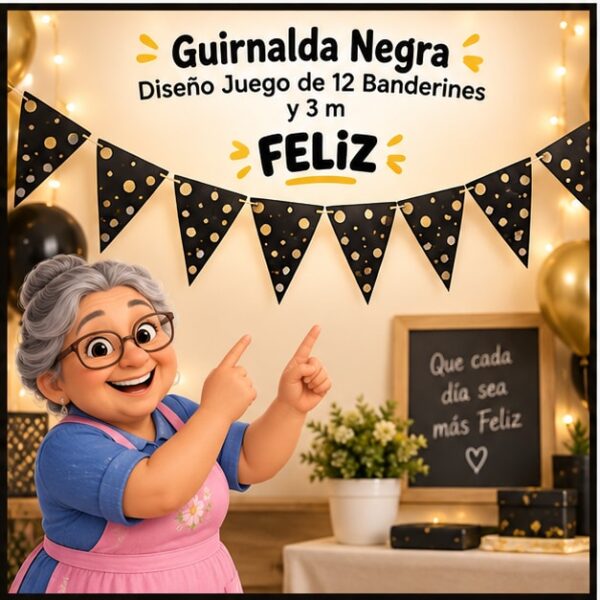 RI-0009266 Guirnalda Negra Diseño Juego de 12 Banderines y 3 m Feliz