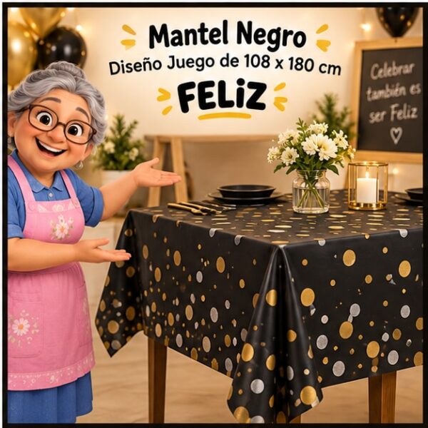 RI-0009267 Mantel Negro Diseño Juego de 108 x 180 cm Feliz