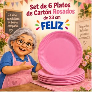 RI-0009268 Set de 6 Platos de Cartón Rosados de 23 cm Feliz