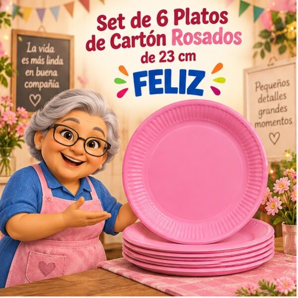 RI-0009268 Set de 6 Platos de Cartón Rosados de 23 cm Feliz