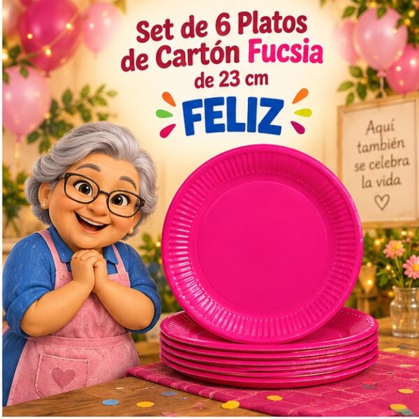 RI-0009269 Set de 6 Platos de Cartón Fucsia de 23 cm Feliz