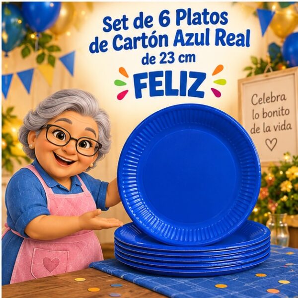 RI-0009271 Set de 6 Platos de Cartón Azul Real de 23 cm Feliz