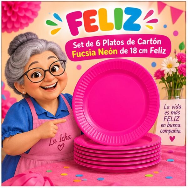 RI-0009272 Set de 6 Platos de Cartón Fucsia Neón de 18 cm Feliz