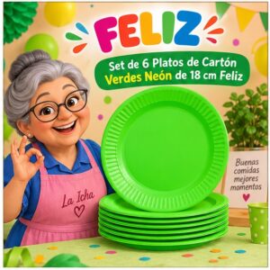 RI-0009273 Set de 6 Platos de Cartón Verdes Neón de 18 cm Feliz