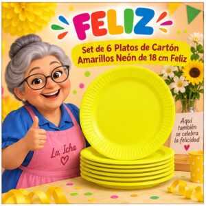 RI-0009274 Set de 6 Platos de Cartón Amarillos Neón de 18 cm Feliz