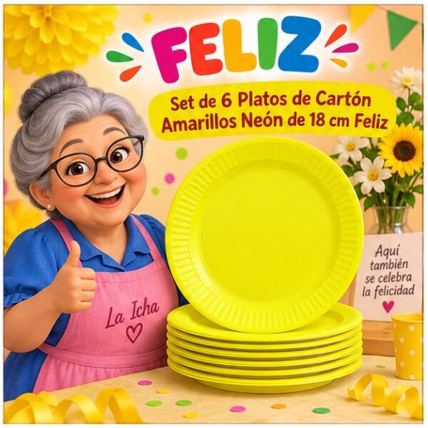 RI-0009274 Set de 6 Platos de Cartón Amarillos Neón de 18 cm Feliz