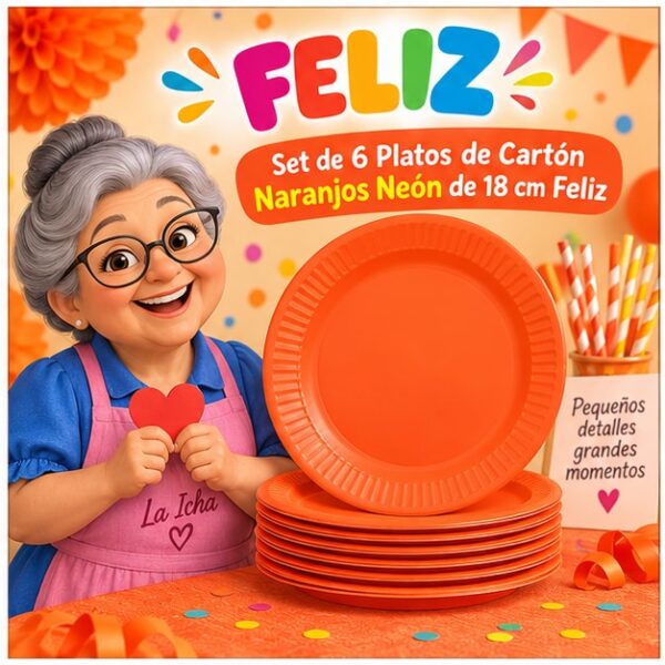 RI-0009275 Set de 6 Platos de Cartón Naranjos Neón de 18 cm Feliz