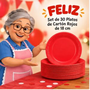 RI-0009276 Set de 30 Platos de Cartón Rojos de 18 cm Feliz