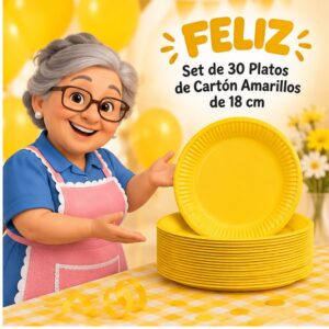 RI-0009277 Set de 30 Platos de Cartón Amarillos de 18 cm Feliz